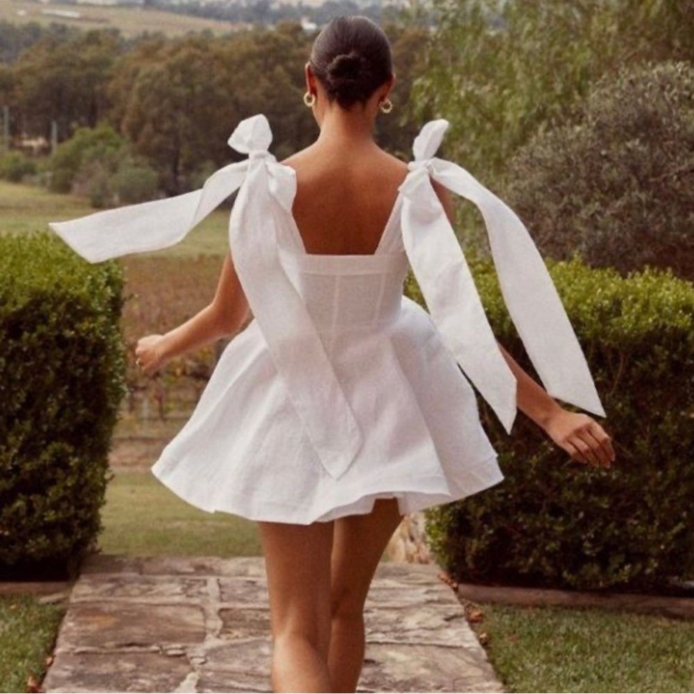 Aisle White Bow Linen Bow Mini Dress